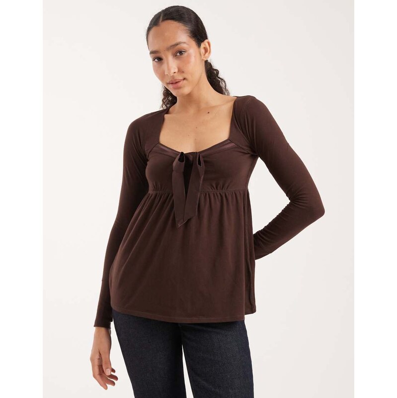 Hollister long sleeve front bow babydoll top in brown 110611355