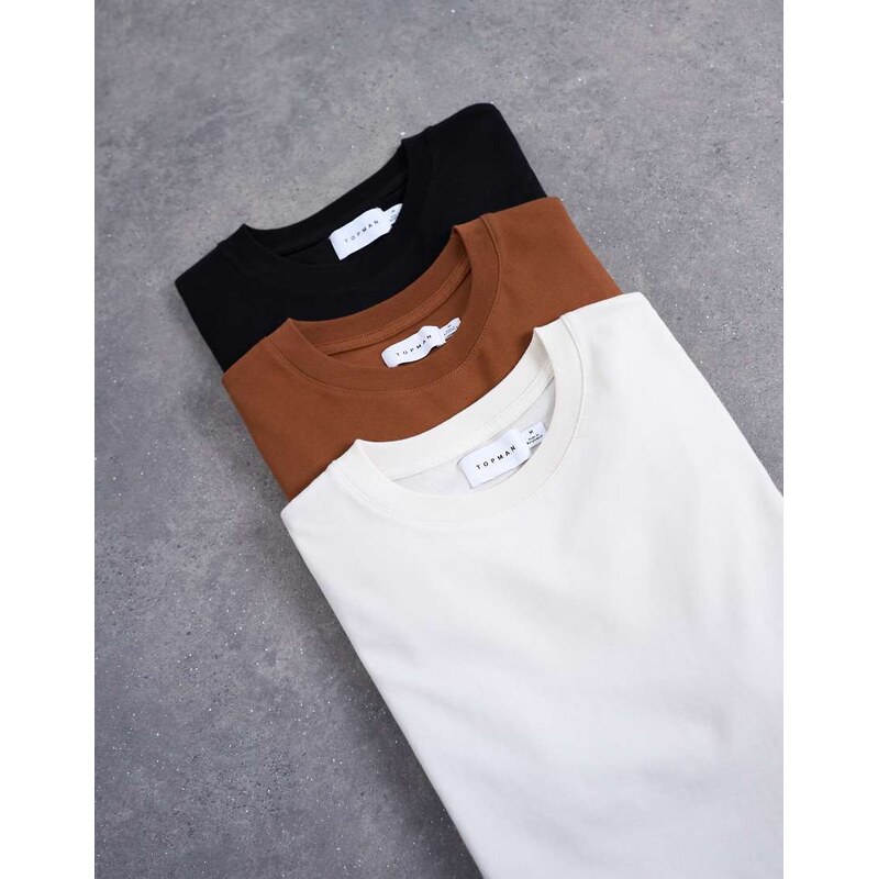 Topman 3 pack classic t-shirt in black, brown and ecru-Multi