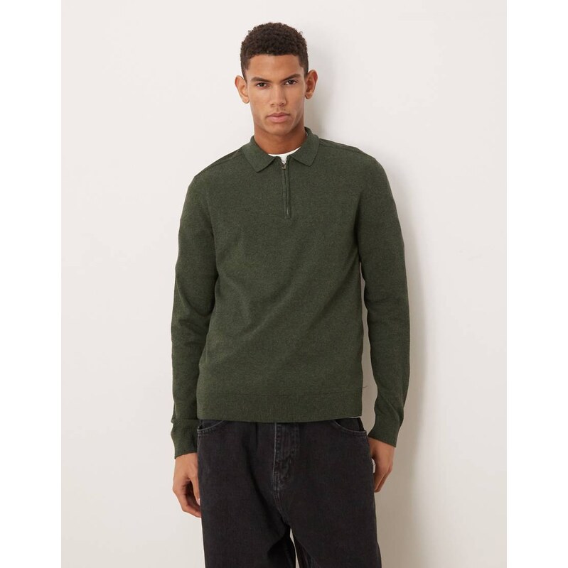 Selected 100% cotton long sleeve half zip polo in dark green