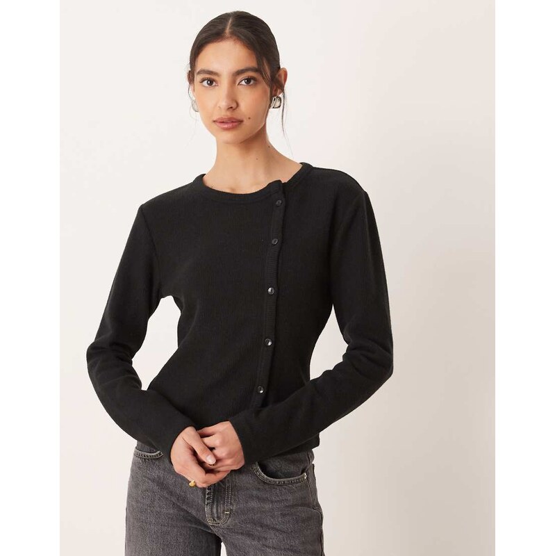 ASOS DESIGN asymmetric placket button through super soft top in black 113263835
