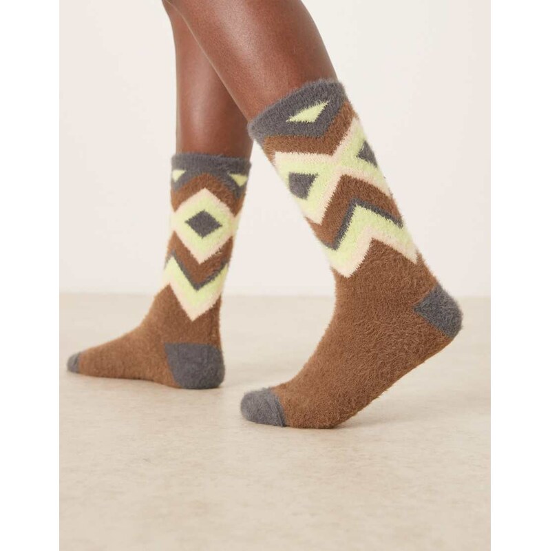 ASOS DESIGN fluffy fairisle pattern socks in brown multi 110619888