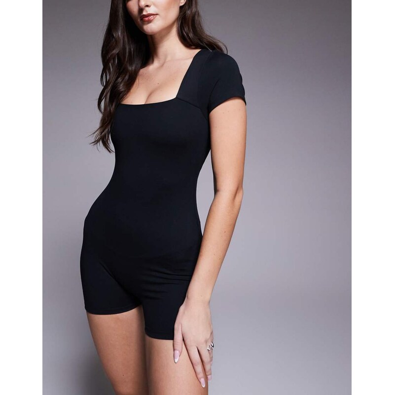 4505 Hourglass soft touch square neck short sleeve romper in black 115428732