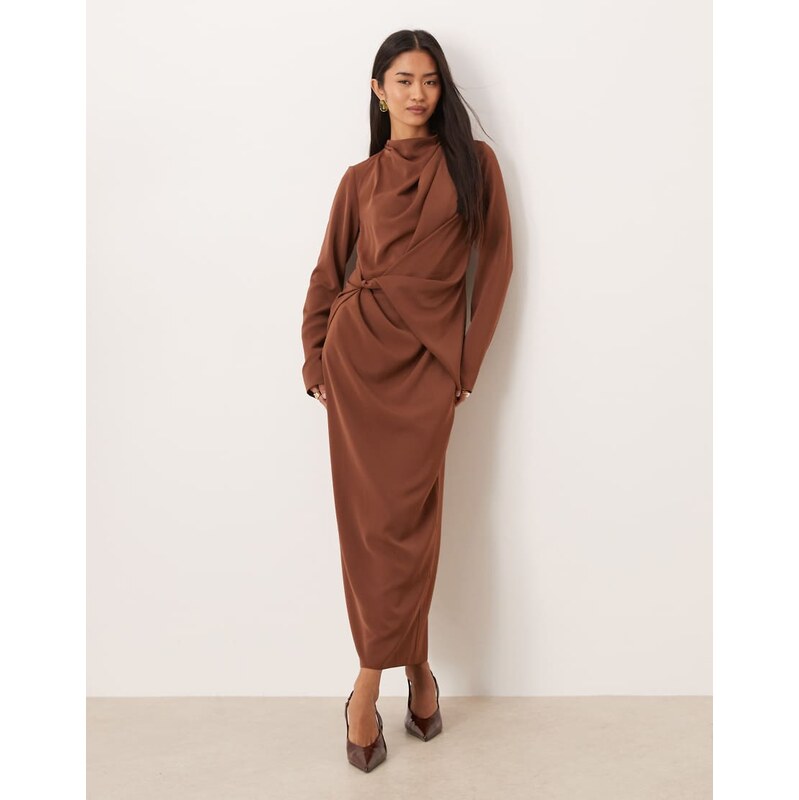 ASOS DESIGN high neck draped slinky maxi dress in chocolate