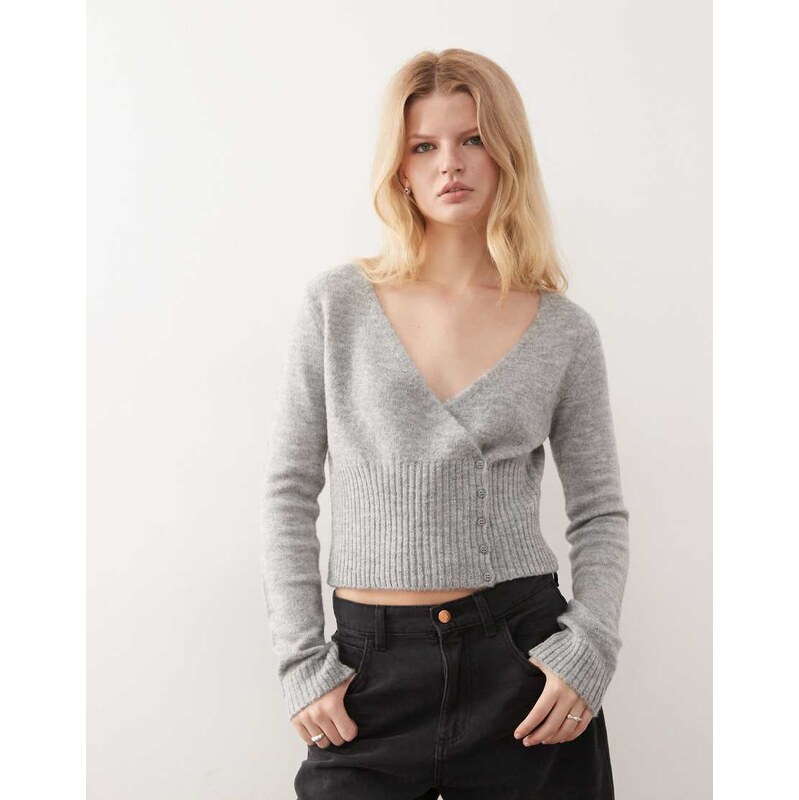 Collusion COLLUSUION fine knit wrap top in soft grey 110619950