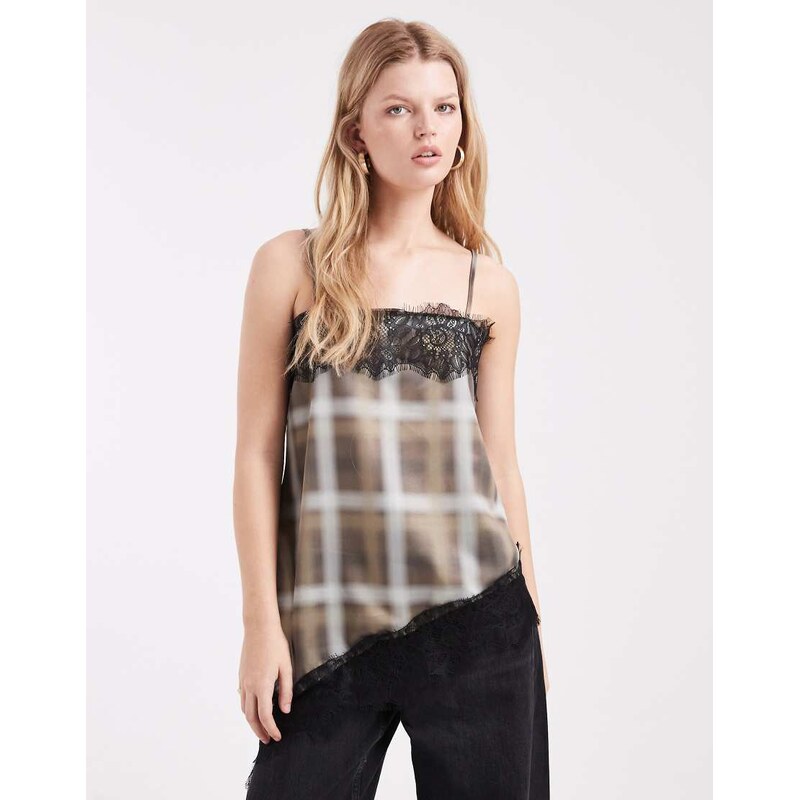 ASOS DESIGN satin lace trim asym cami top in check-Multi 110619952