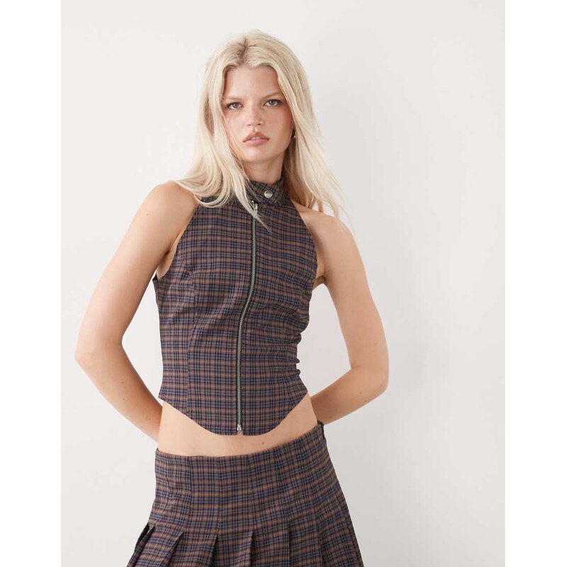 COLLUSION tailored zip-up halter top co-ord in dark check-Multi 110680930