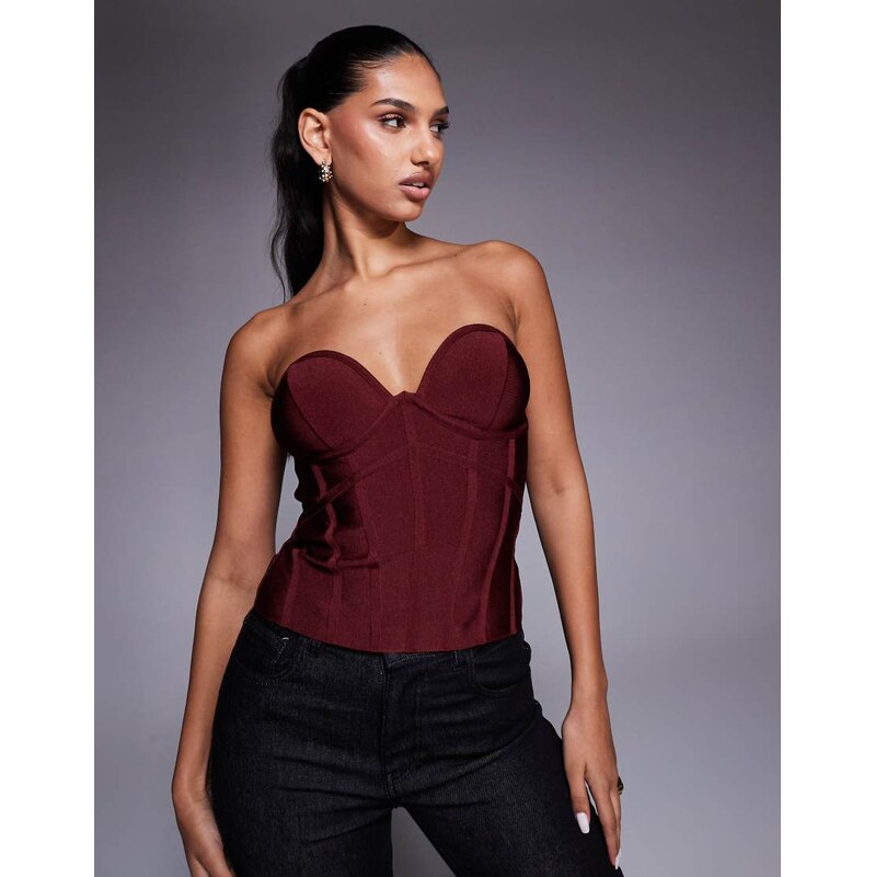 ASOS DESIGN bandage bust cup strapless corset top in burgundy