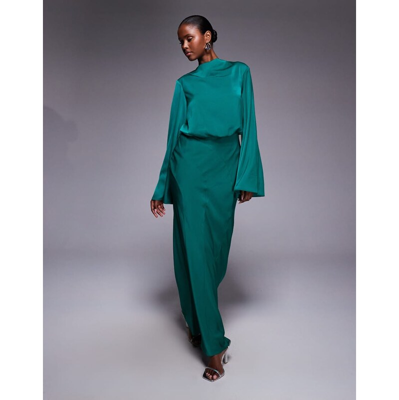 ASOS DESIGN satin blouson bodice long sleeve maxi dress in steel