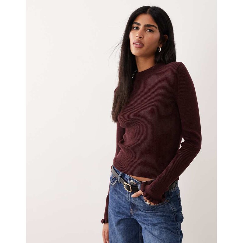 Mango wool mix high neck frill edge knitted top in burgundy-Red 110637217