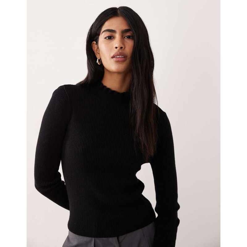 Mango wool mix high neck frill edge knitted top in black 110976538