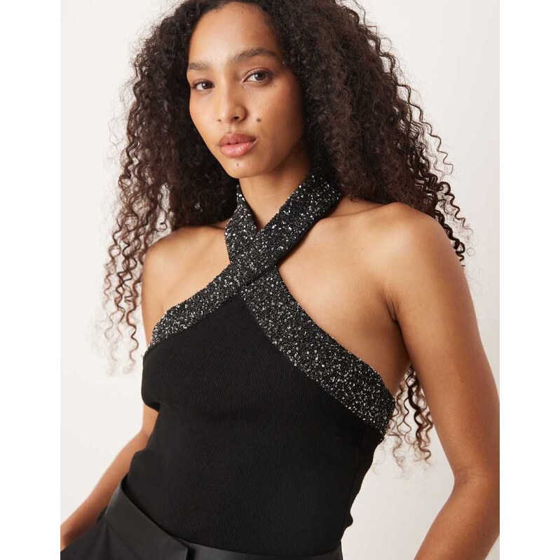 Mango halterneck top with embellished trim in black 110742766