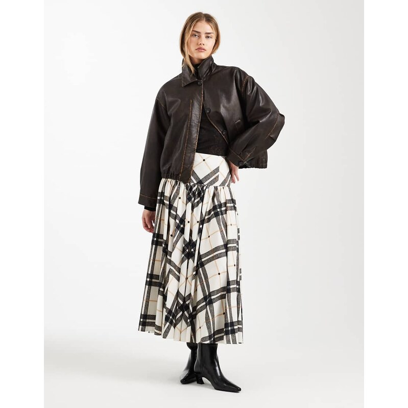 ASOS DESIGN drop waist volume midi skirt in check-Multi 115685890