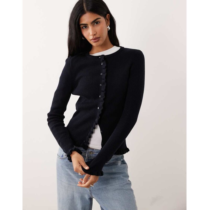 Mango wool mix frill edge cardigan in navy-Blue 110739466