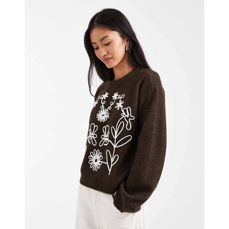 Threadbare crew neck jumper with flower embroidery in brown