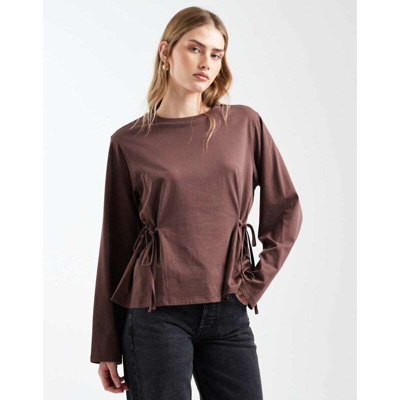 ASOS DESIGN tie waisted detail long sleeve top in chocolate-Brown