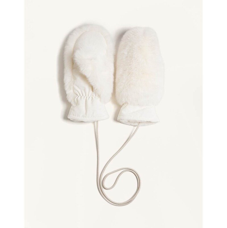 OYSHO Faux fur mittens with drawcord in ecru-Neutral 110637373