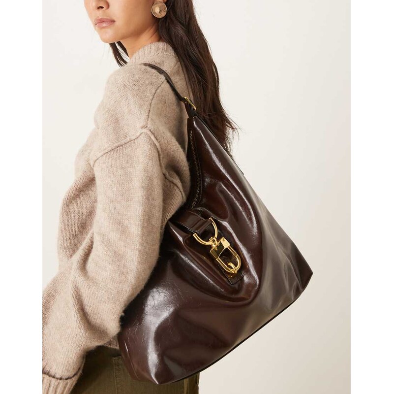 ASOS DESIGN statement buckle slouch tote bag in chocolate-Brown