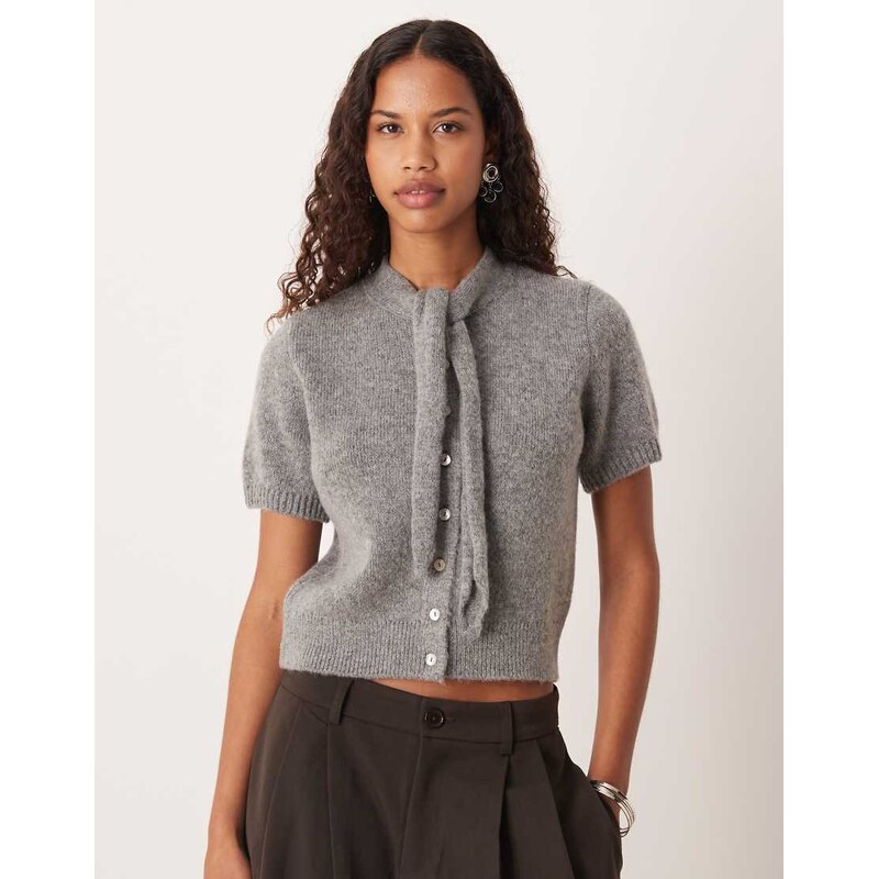 Mango wool mix tie neck short sleeve cardigan in grey 110639092
