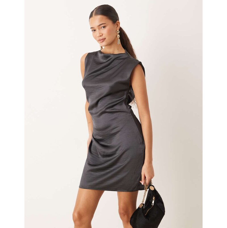 Mango ruched side satin sleeveless mini dress in grey