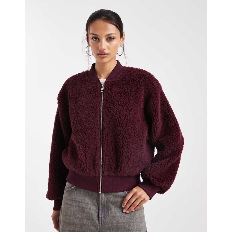 ASOS DESIGN borg bomber jacket in burgundy-Red 115519654