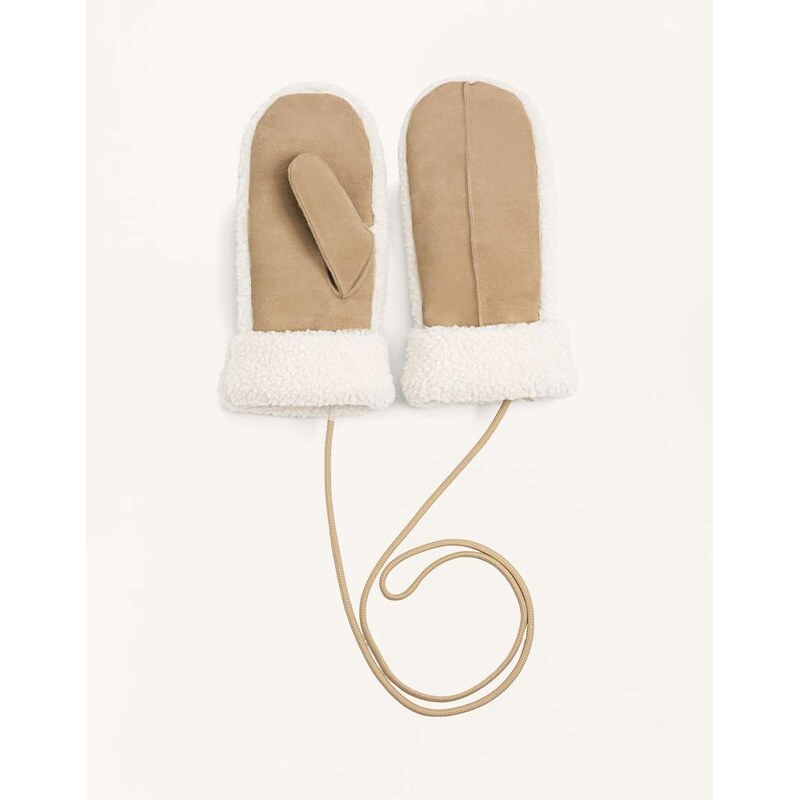 OYSHO Suede and faux-shearling mittens with cord in toasted