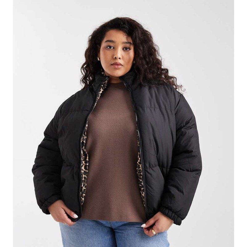 Brave Soul Plus reversible short puffer jacket in black and leopard 110638957