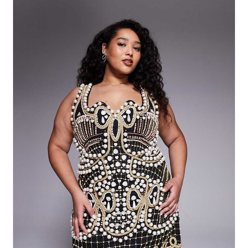 ASOS LUXE Curve embellished square neck mini dress in black-Multi 110638968