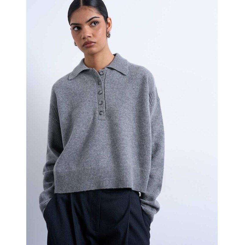 Topshop knitted premium 100% lambswool polo jumper in grey 110638969