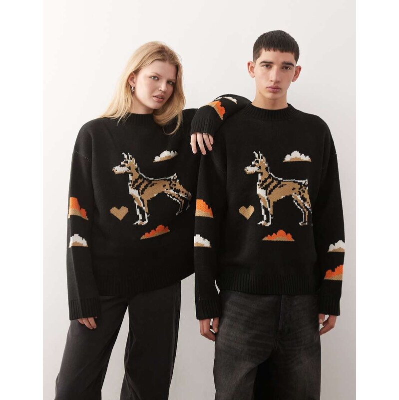 COLLUSION Unisex knitted jumper with pixelated dog print-Multi 110638979