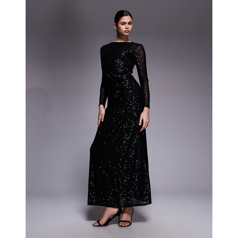 Jaded Rose sequin long sleeve ruched detail maxi dress in black