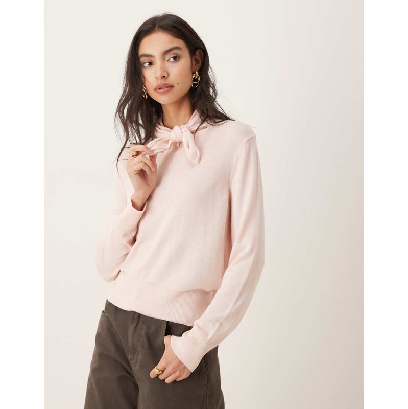 Mango wool mix tie neck jumper in pink