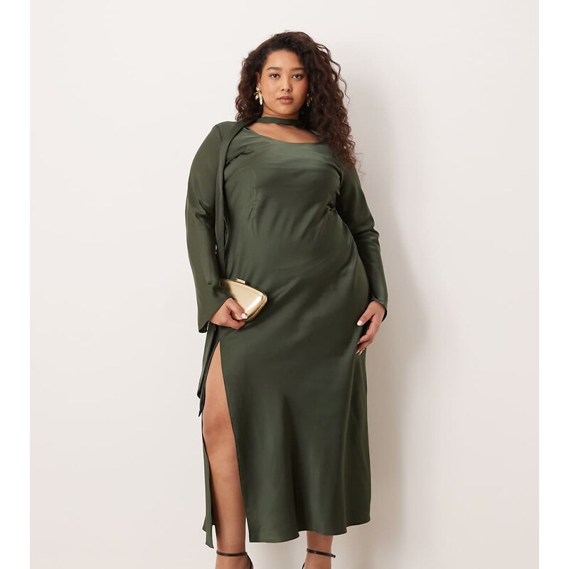 ASOS Curve ASOS DESIGN Curve v neck scarf detail long sleeve maxi 110639057