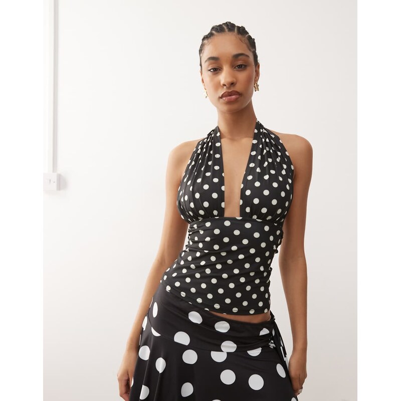 Lioness Safari slinky plunge halterneck top co-ord in black polka dot 115518567