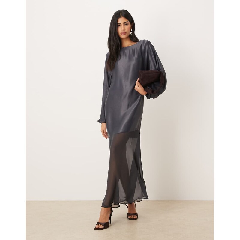 ASOS DESIGN slash neck satin maxi dress with batwing and chiffon