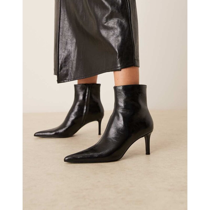 Mango textured leather look pointed heeled boot in black 110639113