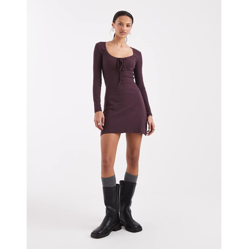 Brave Soul long sleeve jersey mini dress with tie front detail in 110648273