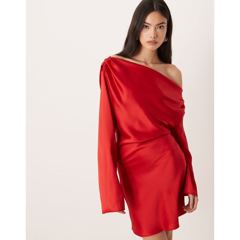 ASOS DESIGN satin drape long sleeve off shoulder mini dress in