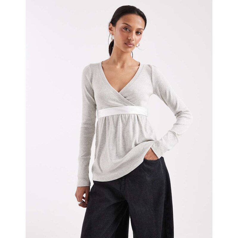 Hollister long sleeve v neck babydoll top in grey 110639126