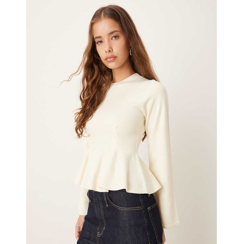 Gina Tricot knitted peplum top in cream-White