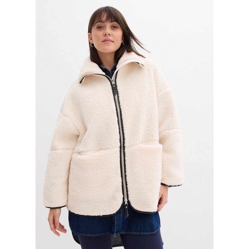 bonprix Oversize bunda z medvídkového flísu bílá Žena 110640273