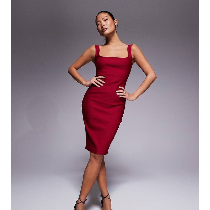 Vesper Petite bengaline square neck bodycon midi dress in wine