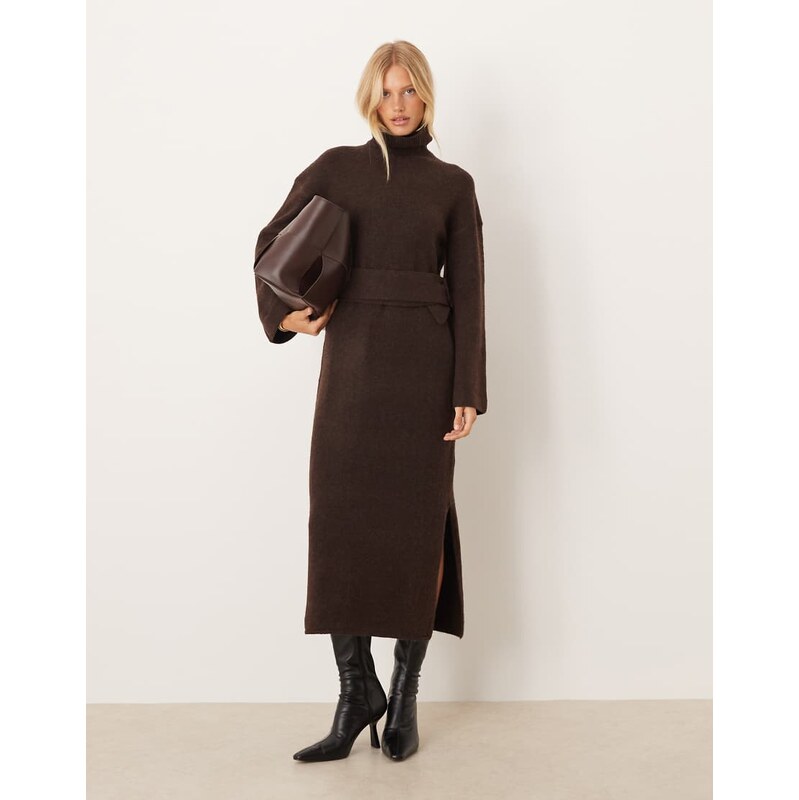 Pretty Lavish knitted tie waist roll neck leg split midaxi dress in 110648193