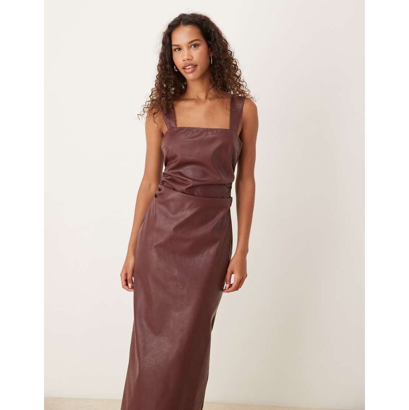 Pretty Lavish leather look ruched square neck midaxi dress in wine-Red 110648192