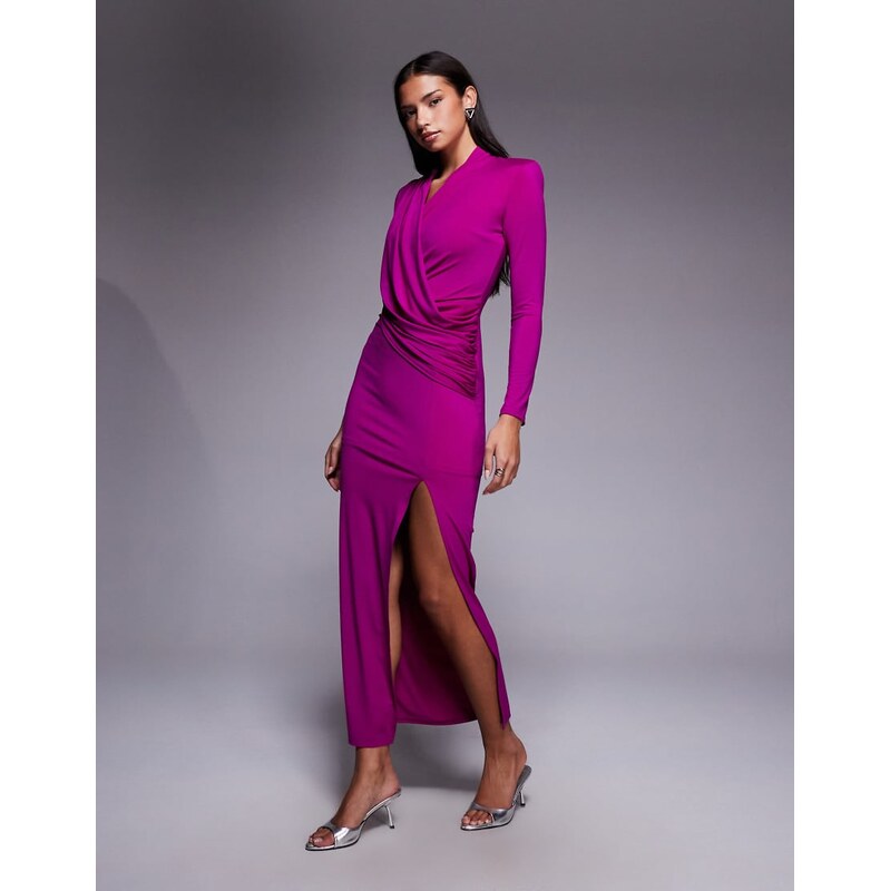 TFNC slinky wrap top thigh split maxi dress in deep fuchsia pink 110648235