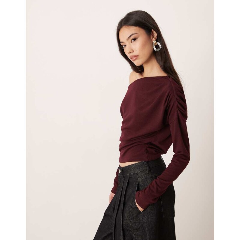 ASOS DESIGN long sleeve knit look fallen shoulder top in berry