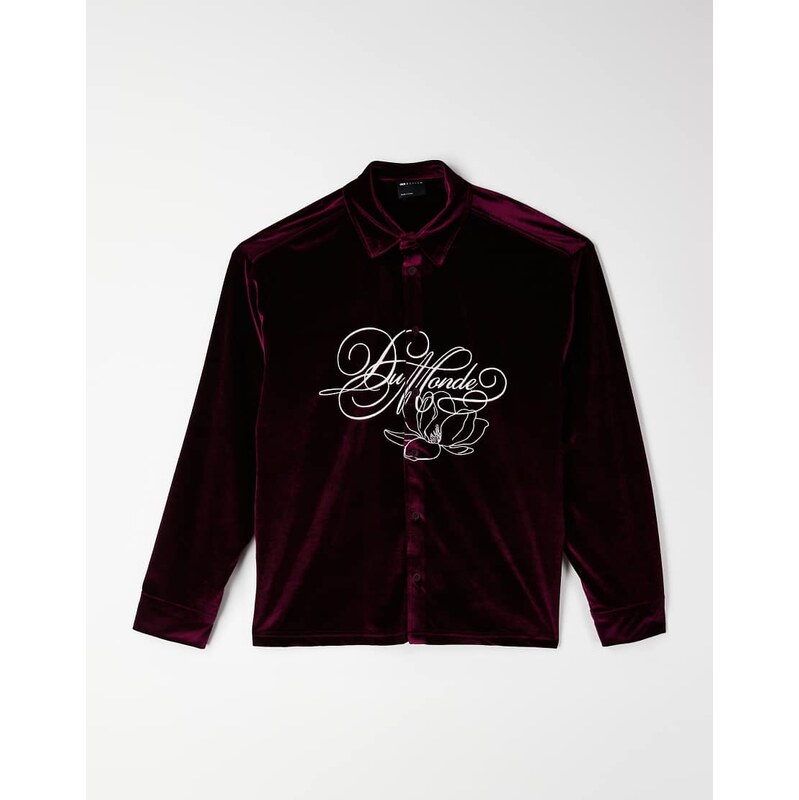 ASOS DESIGN oversized velour shirt with embroidery in burgundy