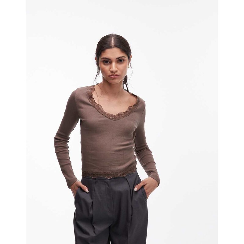 ASOS DESIGN rib long sleeve top with lace detail in chocolate