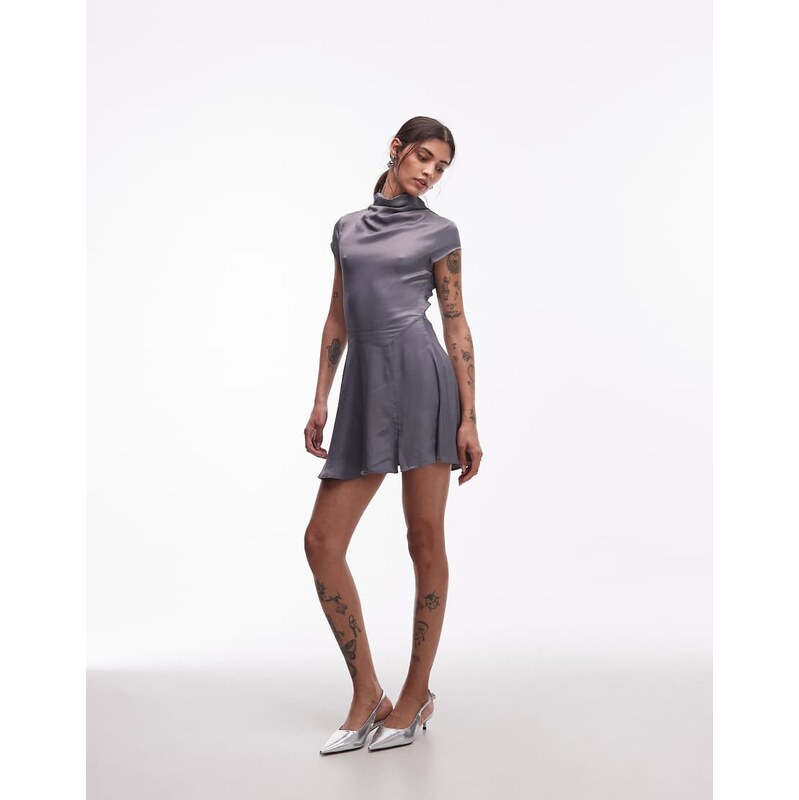 ASOS DESIGN cowl neck satin mini dress in grey-Black