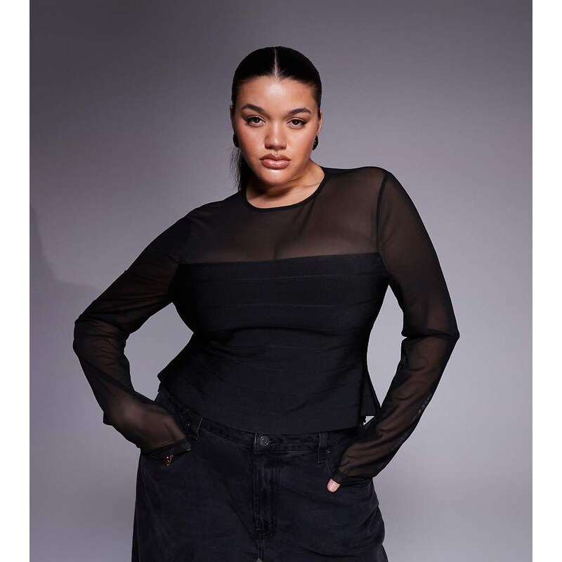 ASOS Curve ASOS DESIGN Curve bandage panel mesh long sleeve top in 115528968