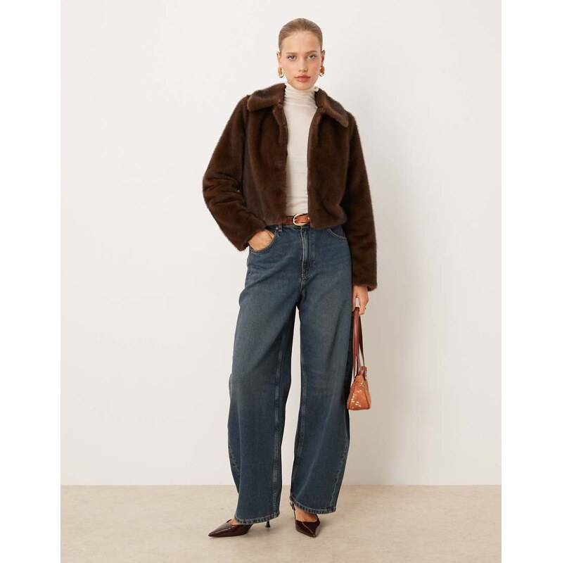 Mango faux fur zip through jacket with collar in brown